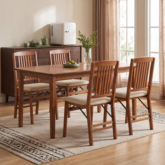 Set of 4 foldable upholstered kitchen chairs with padded beige seats around a wooden table on Tampa Home & Garden Store