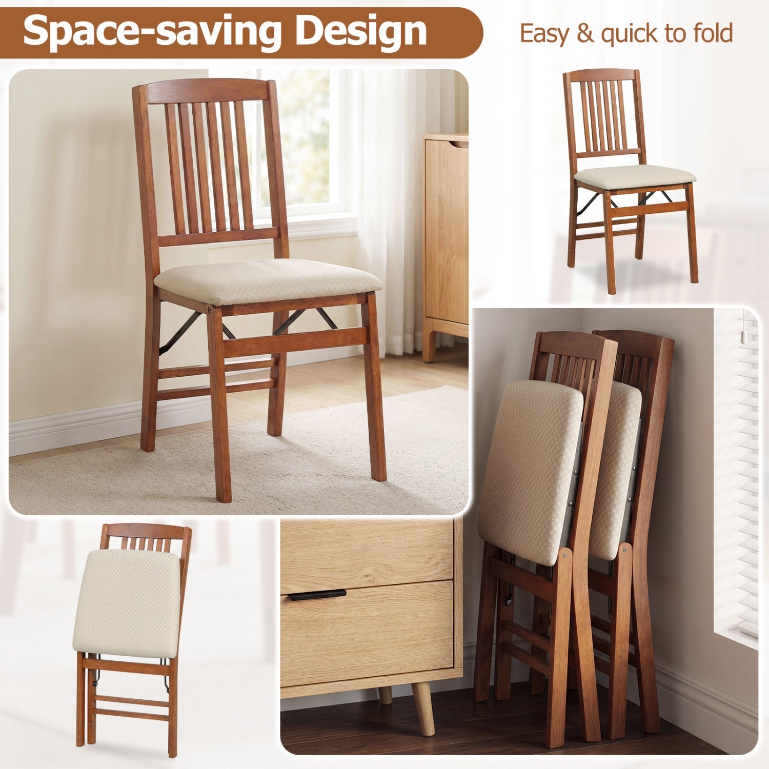 Set of 4 foldable upholstered kitchen chairs with padded beige seat DirectDeals on Tampa Home & Garden Store