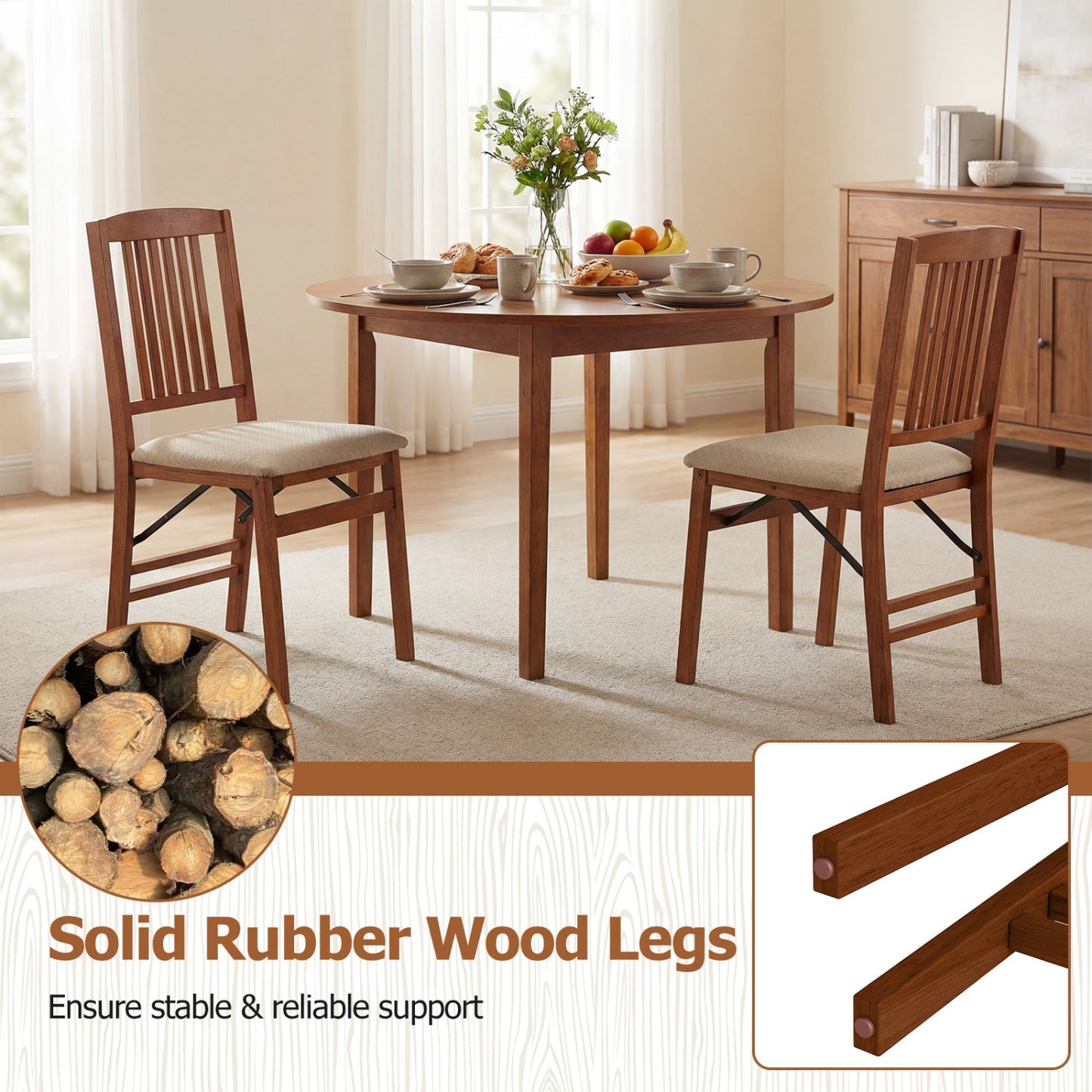 Set of 4 foldable upholstered kitchen chairs with padded seats and solid rubber wood legs on Tampa Home & Garden Store