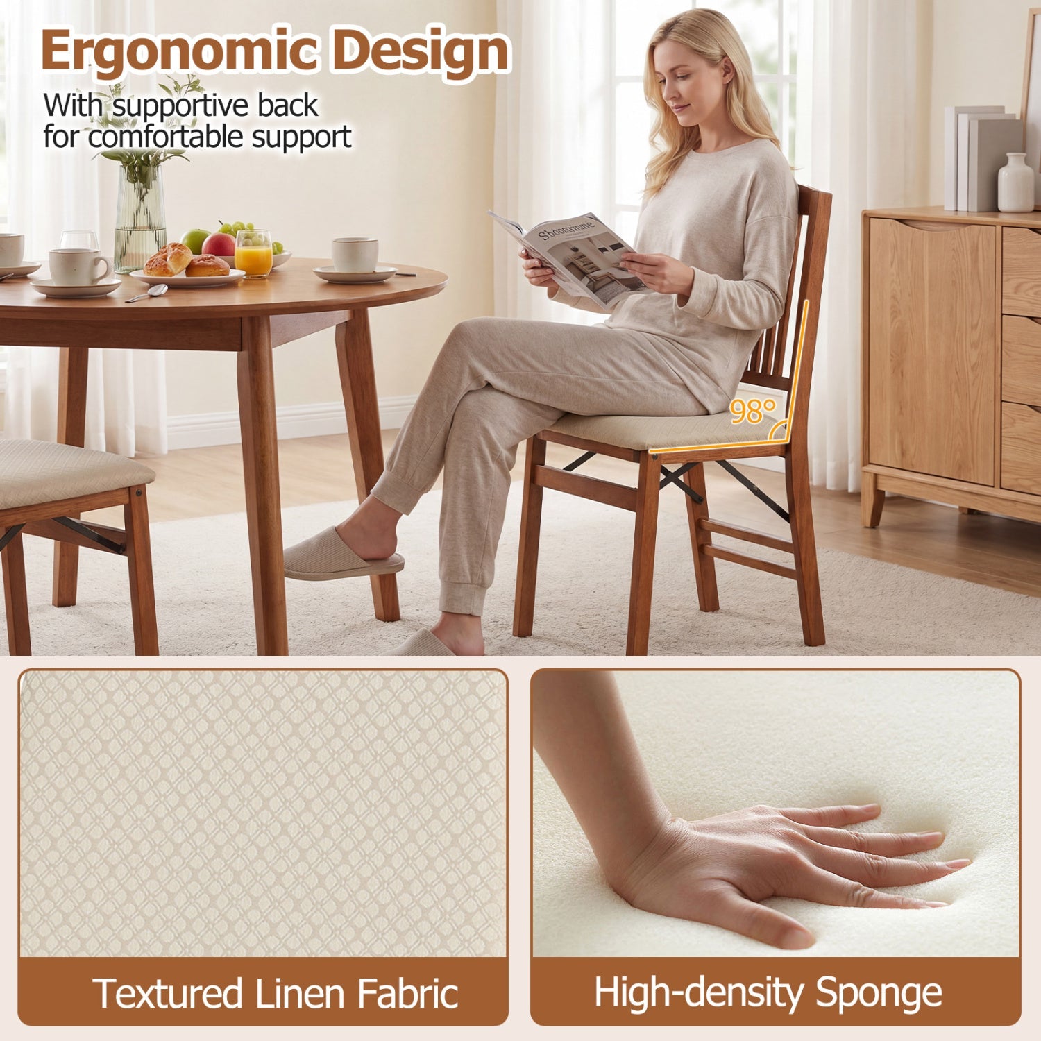Set of 4 DirectDeals foldable kitchen chairs with padded beige textured linen fabric seats on Tampa Home & Garden Store