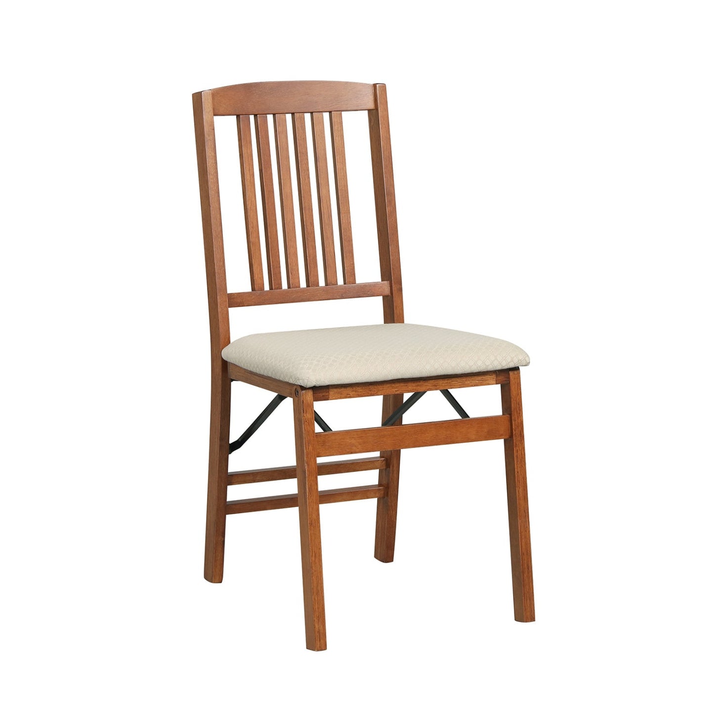 Set of 4 foldable wooden kitchen chairs with beige upholstered padded seats on Tampa Home & Garden Store