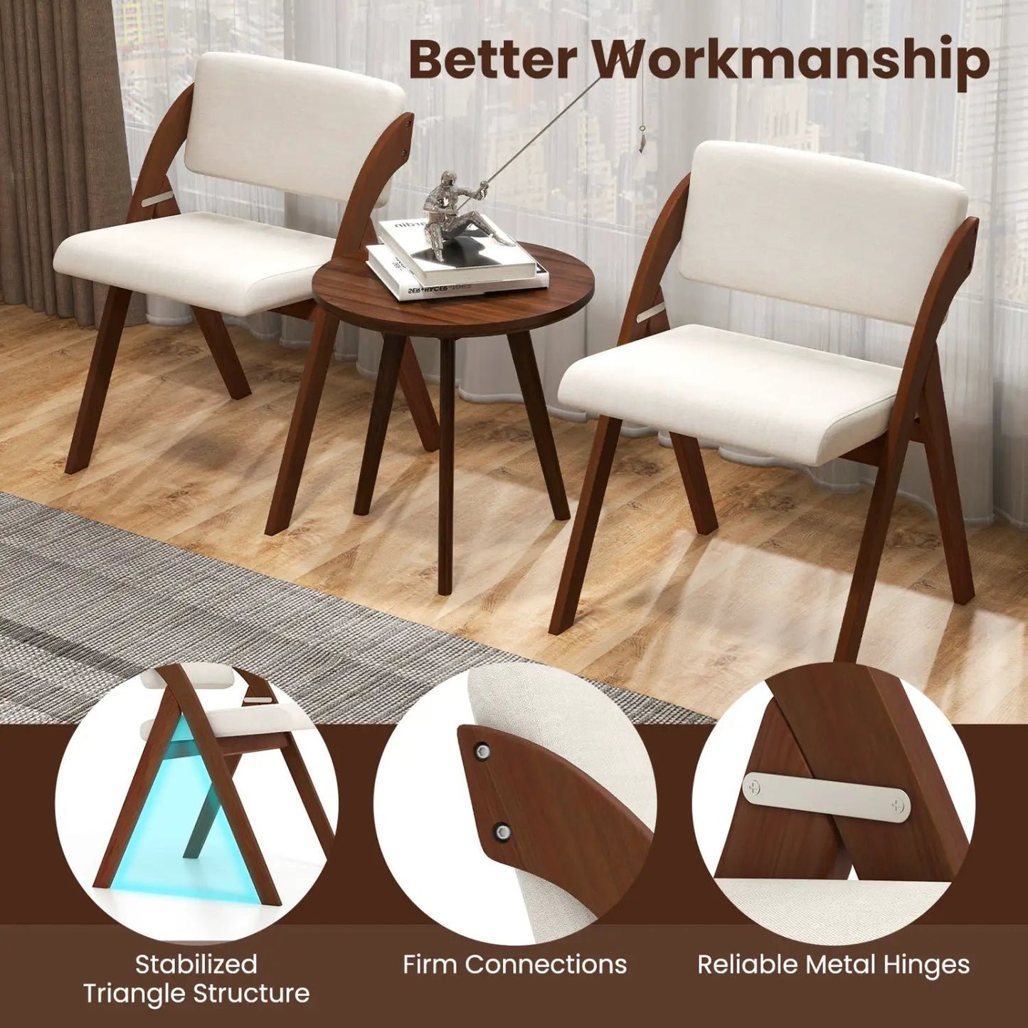Set of 4 Folding Kitchen Chairs with Rubber Wood