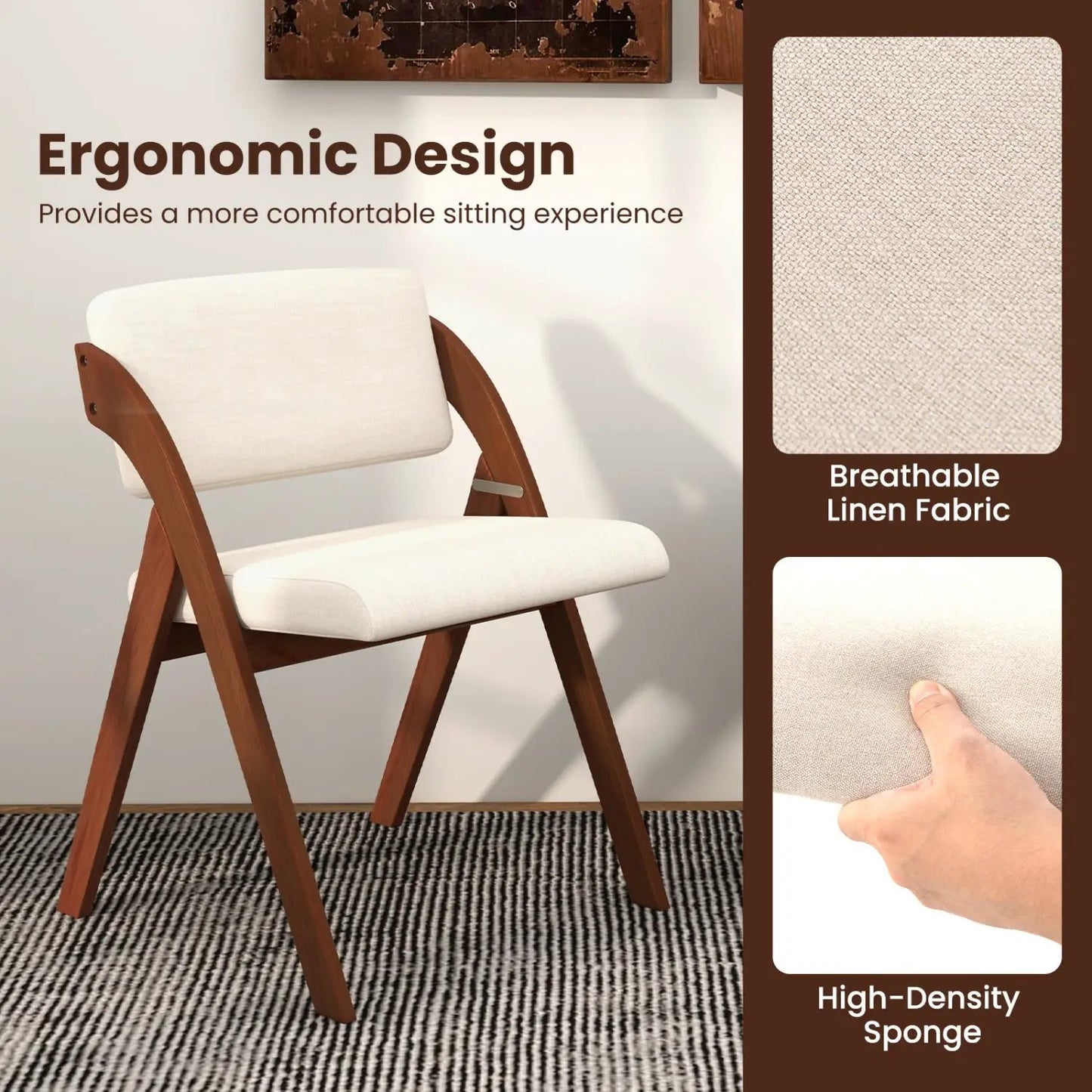 Set of 4 Folding Kitchen Chairs with Rubber Wood