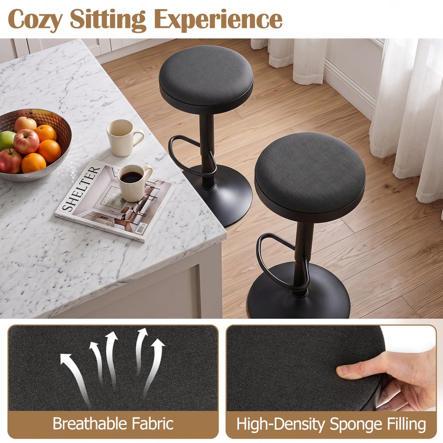 Adjustable swivel bar stools set of 4 with padded gray fabric seats and black bases DirectDeals on Tampa Home & Garden Store