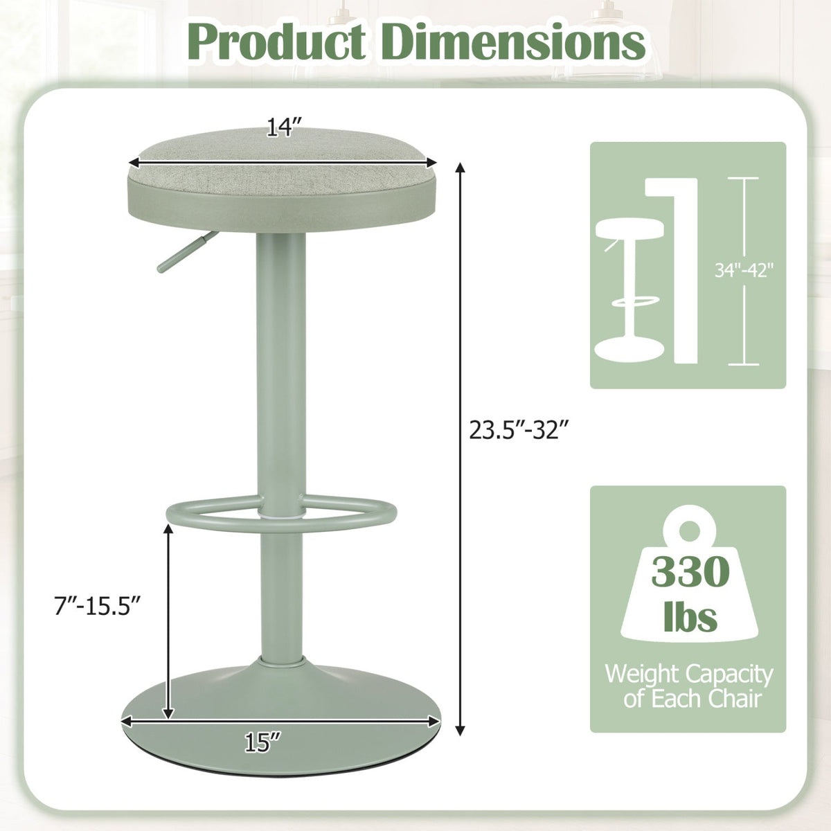 Adjustable swivel bar stool, padded gray-green seat, set of 4 DirectDeals on Tampa Home & Garden Store