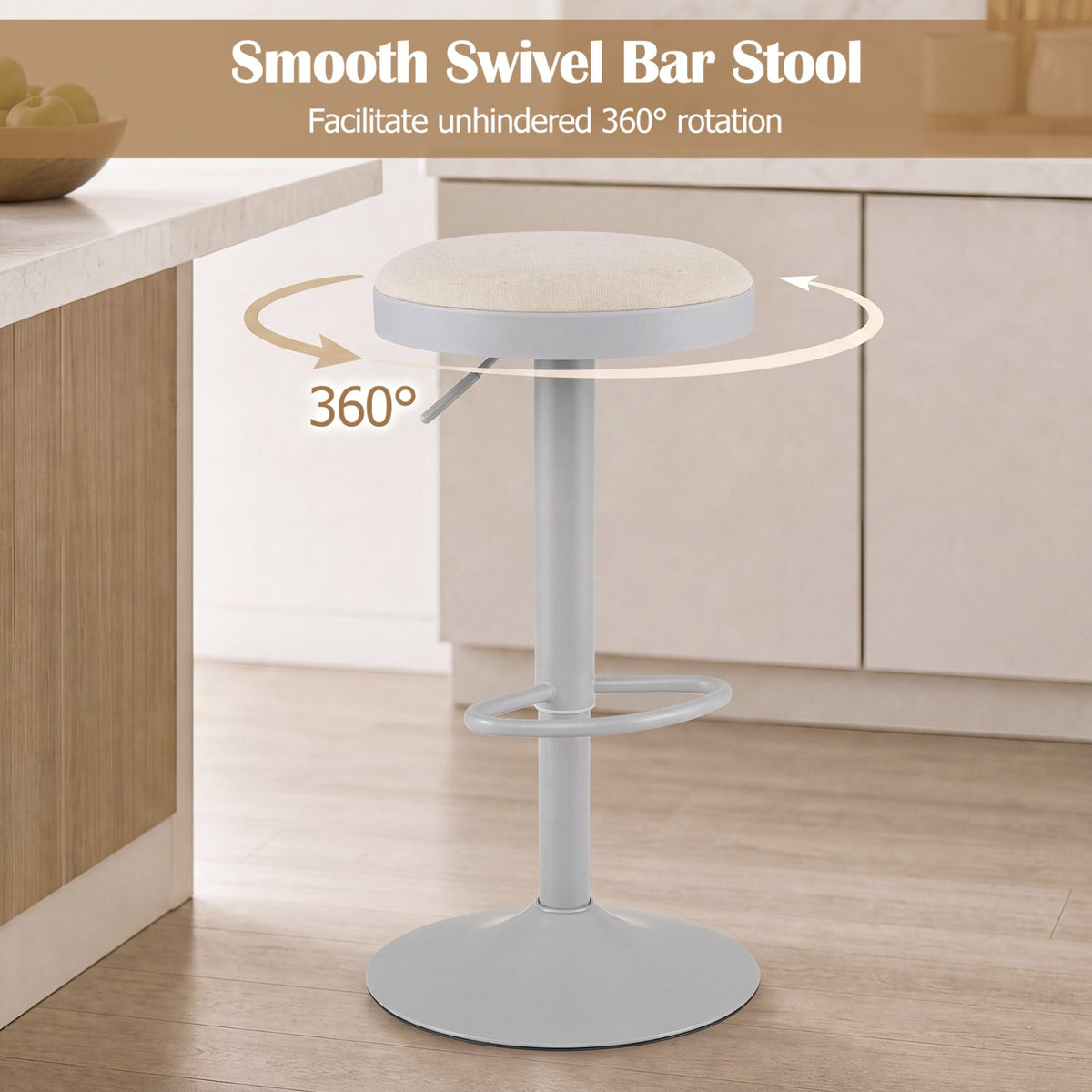 Adjustable swivel bar stool with padded beige seat and light gray pedestal on Tampa Home & Garden Store