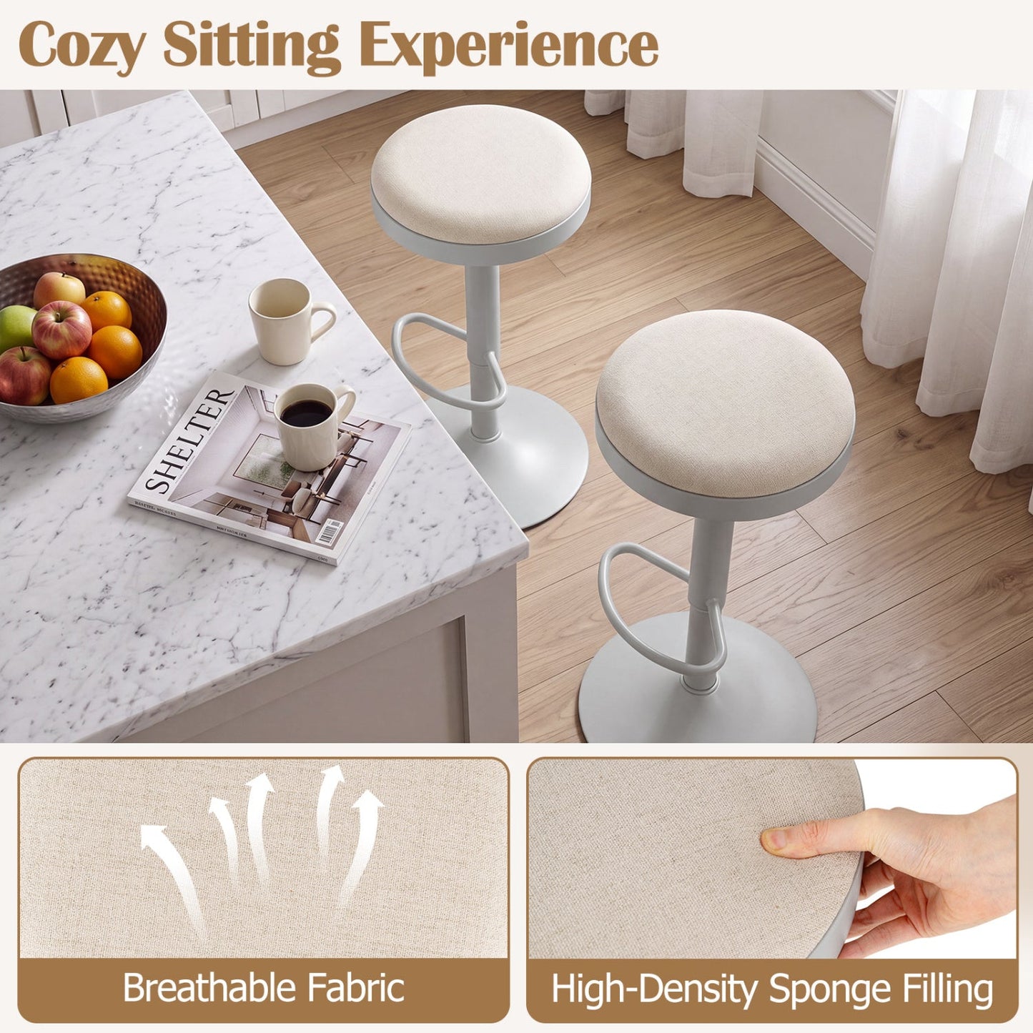 Adjustable swivel bar stools, set of 4 with padded beige seats and gray metal bases DirectDeals on Tampa Home & Garden Store