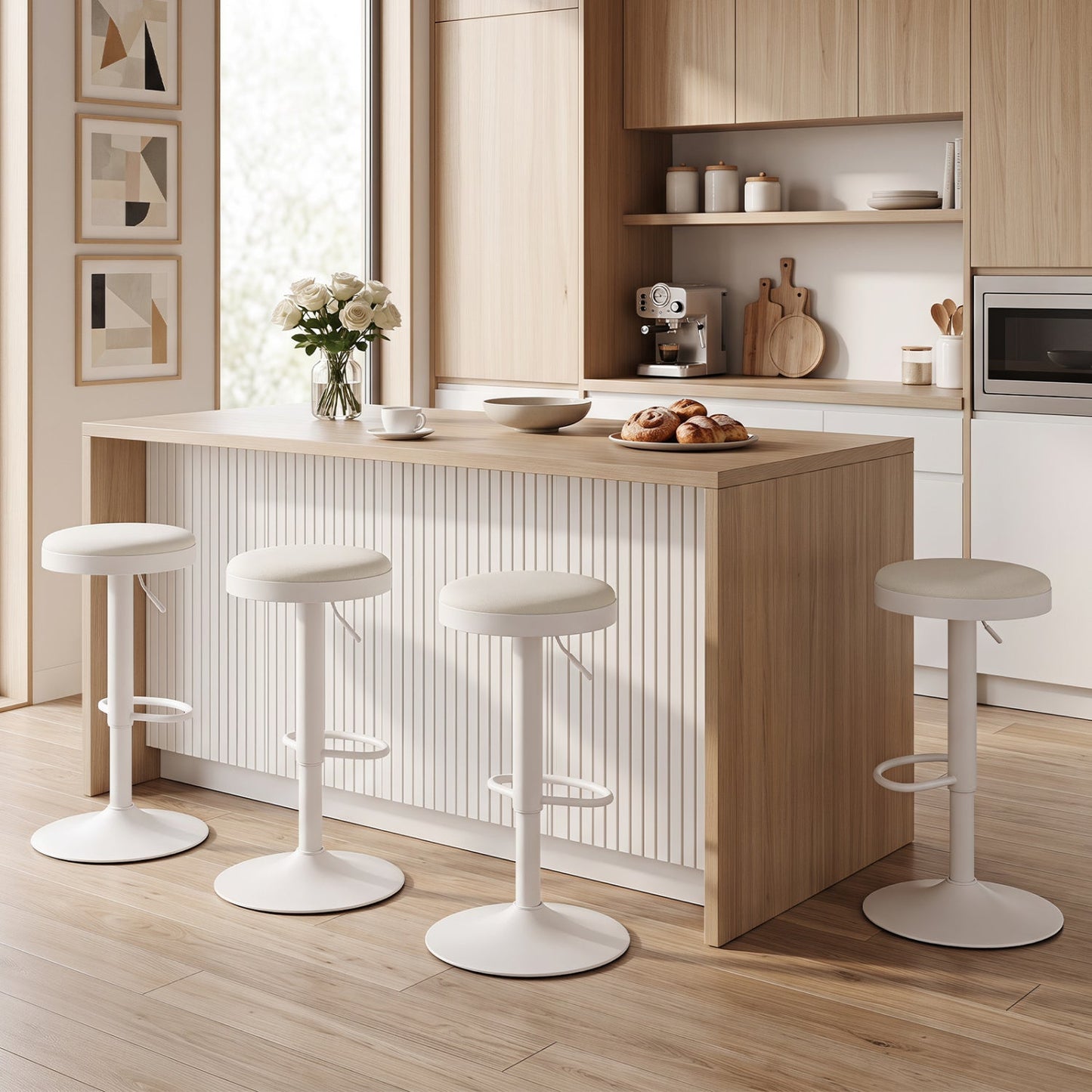 Adjustable swivel bar stools set of 4 with padded white seats in modern kitchen on Tampa Home & Garden Store