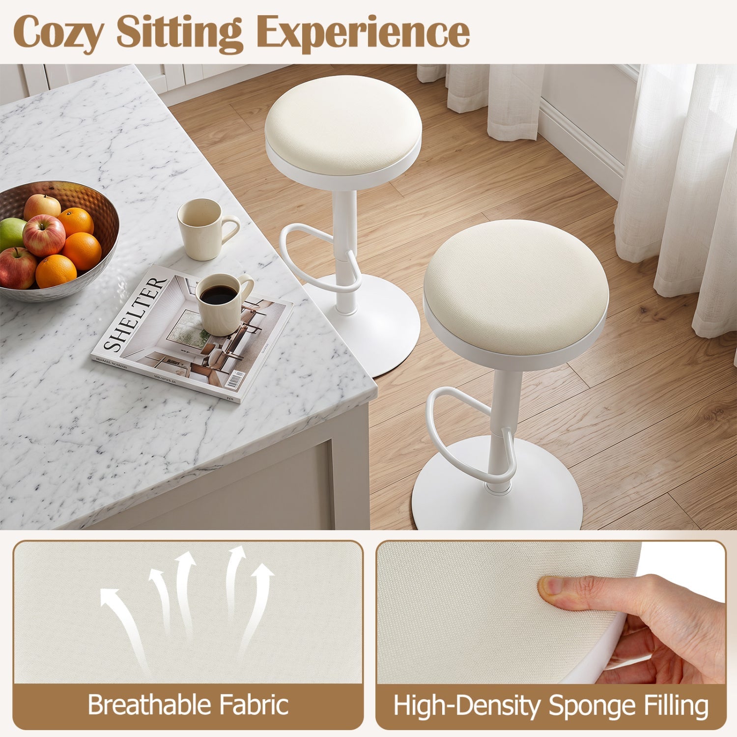 Adjustable Swivel Bar Stools Set of 4 with padded cream seats and breathable fabric on Tampa Home & Garden Store