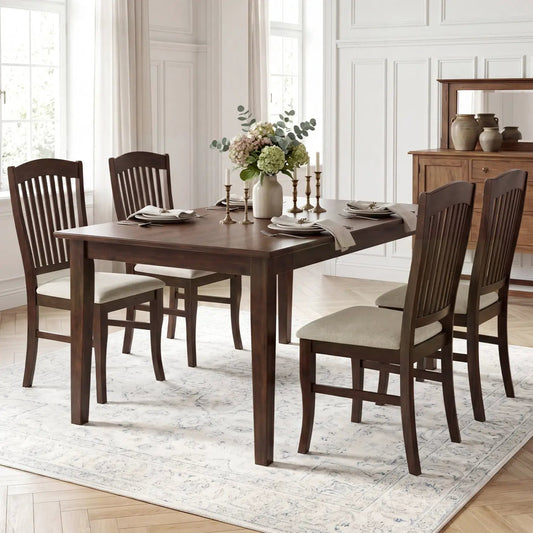 Dining chairs set of 4 with padded beige seats and rubber wood frames in dark walnut finish on Tampa Home & Garden Store