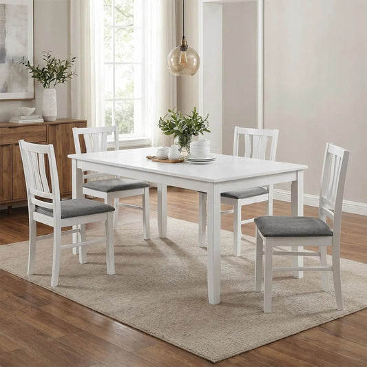 Upholstered dining chairs set of 4 with wood frames around a white table, grey cushions on Tampa Home & Garden Store