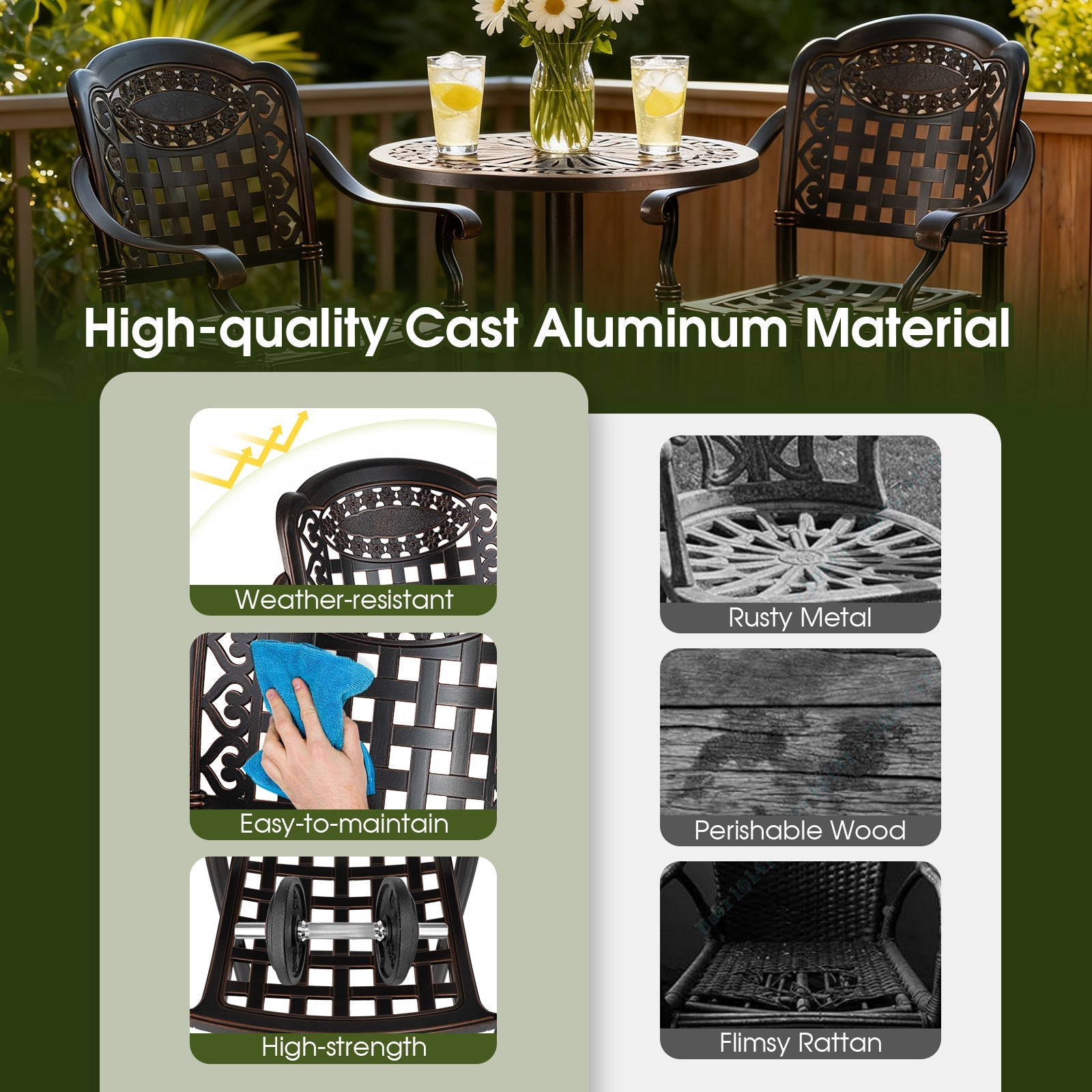 Set of 4 Outdoor Bar Stool 25.5 Inch Counter Height Cast Aluminum Bar Chairs-Copper - Tampa Home & Garden Store