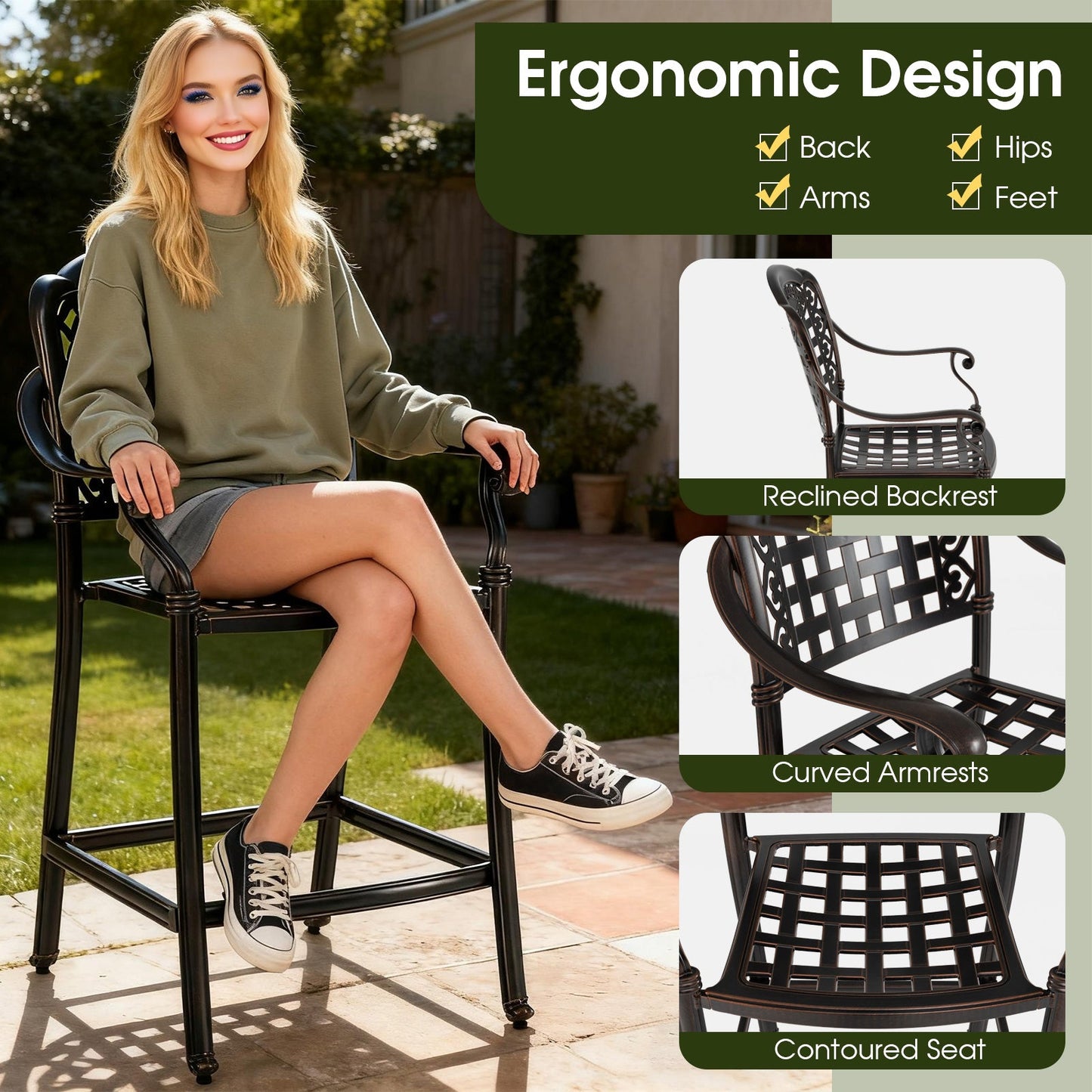 Set of 4 Outdoor Bar Stool 25.5 Inch Counter Height Cast Aluminum Bar Chairs-Copper - Tampa Home & Garden Store