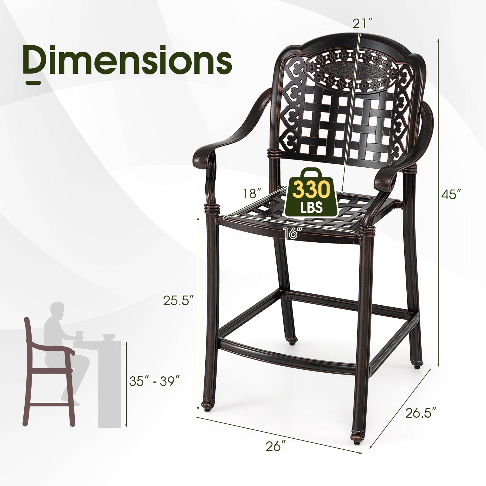Set of 4 Outdoor Bar Stool 25.5 Inch Counter Height Cast Aluminum Bar Chairs-Copper - Tampa Home & Garden Store