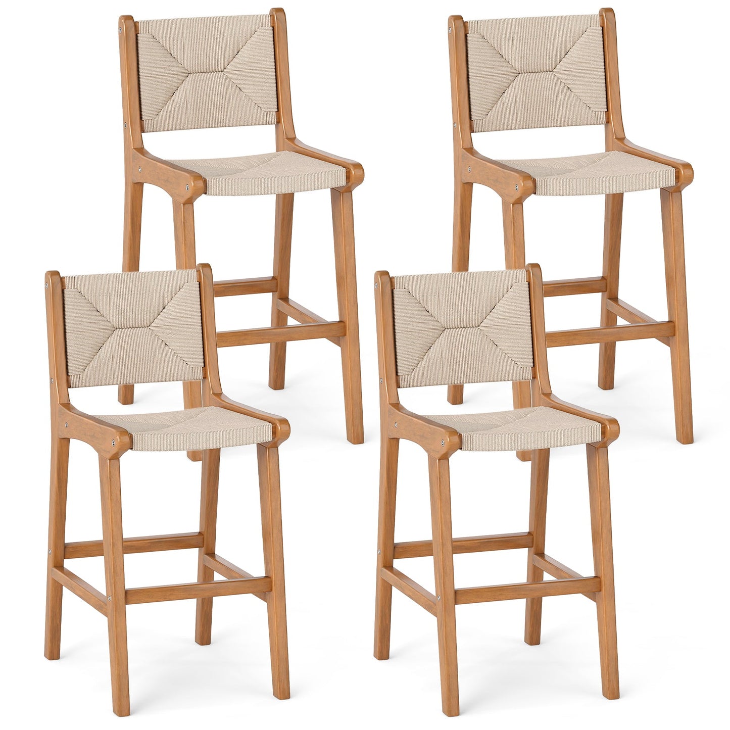 Set of 4 Outdoor Counter Height Bar Stool Woven Paper Rope Patio Barstool with Teak Wood Frame - Tampa Home & Garden Store