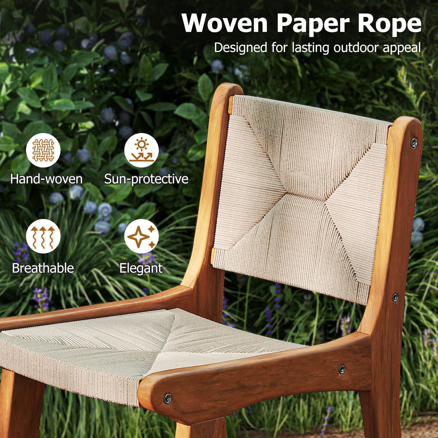 Set of 4 Outdoor Counter Height Bar Stool Woven Paper Rope Patio Barstool with Teak Wood Frame - Tampa Home & Garden Store