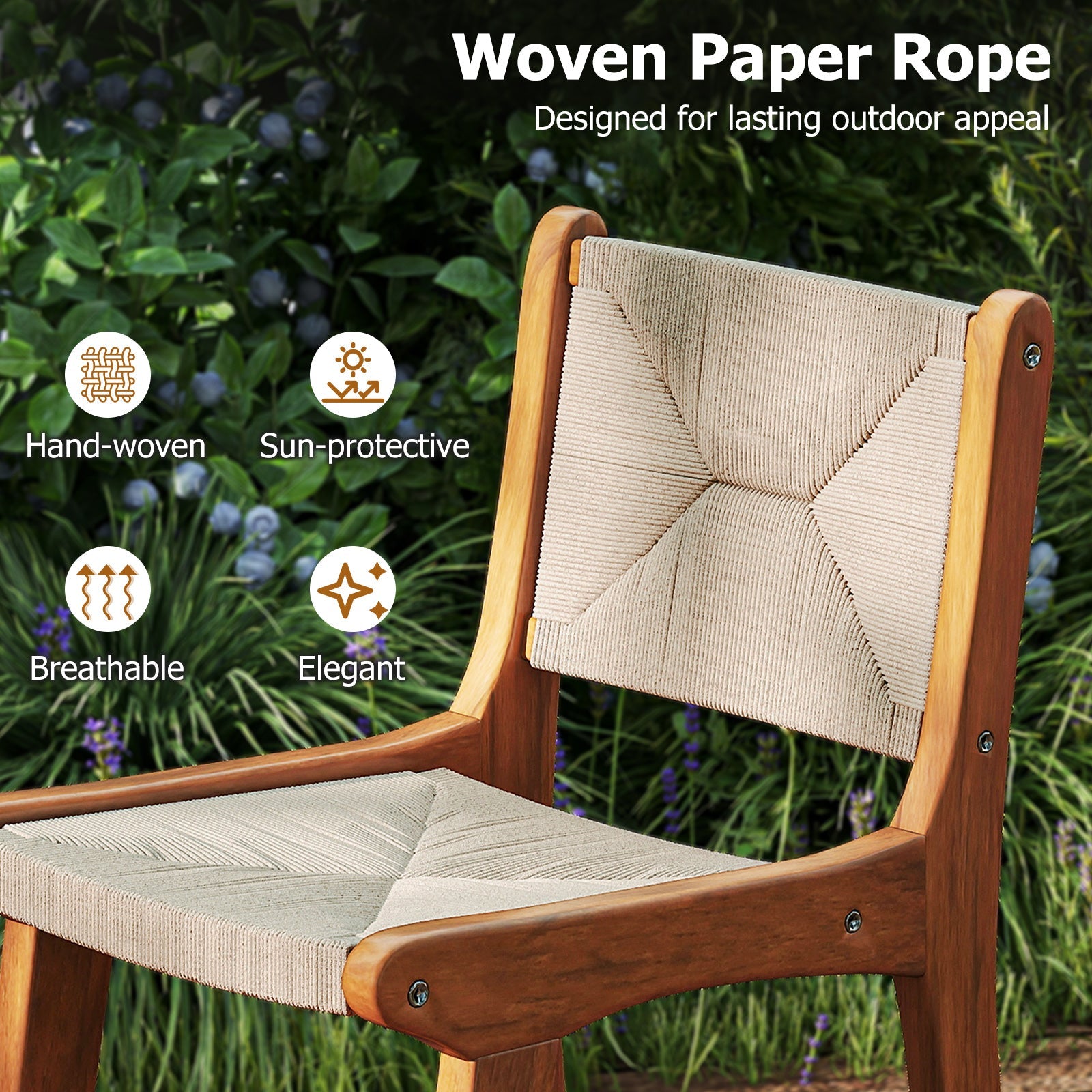 Set of 4 Outdoor Counter Height Bar Stool Woven Paper Rope Patio Barstool with Teak Wood Frame - Tampa Home & Garden Store