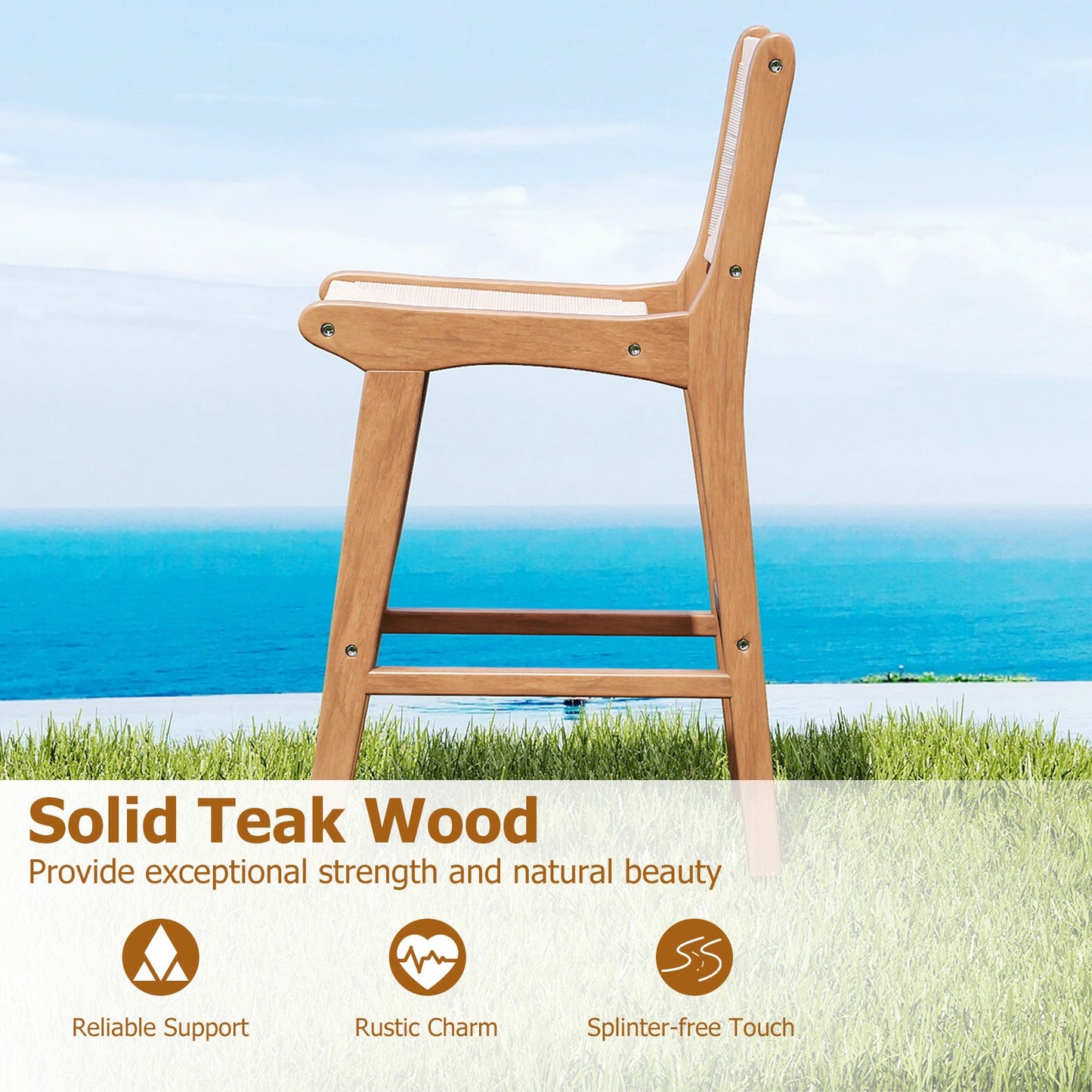 Set of 4 Outdoor Counter Height Bar Stool Woven Paper Rope Patio Barstool with Teak Wood Frame - Tampa Home & Garden Store
