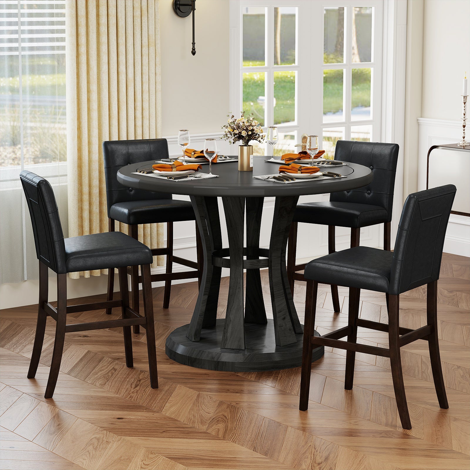 Set of 4 PVC Dining Leather Bar Stools with Solid Wood Legs - Tampa Home & Garden Store