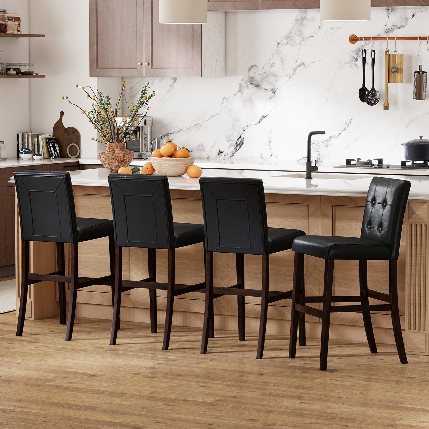 Set of 4 PVC Dining Leather Bar Stools with Solid Wood Legs - Tampa Home & Garden Store