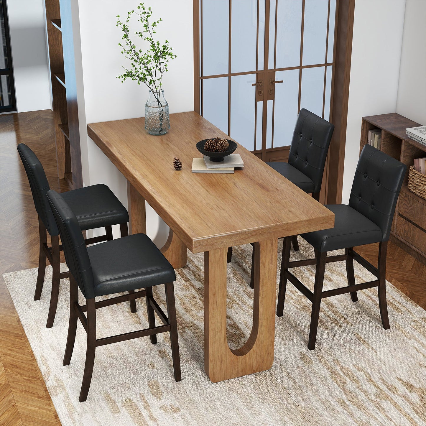 Set of 4 PVC Dining Leather Bar Stools with Solid Wood Legs - Tampa Home & Garden Store