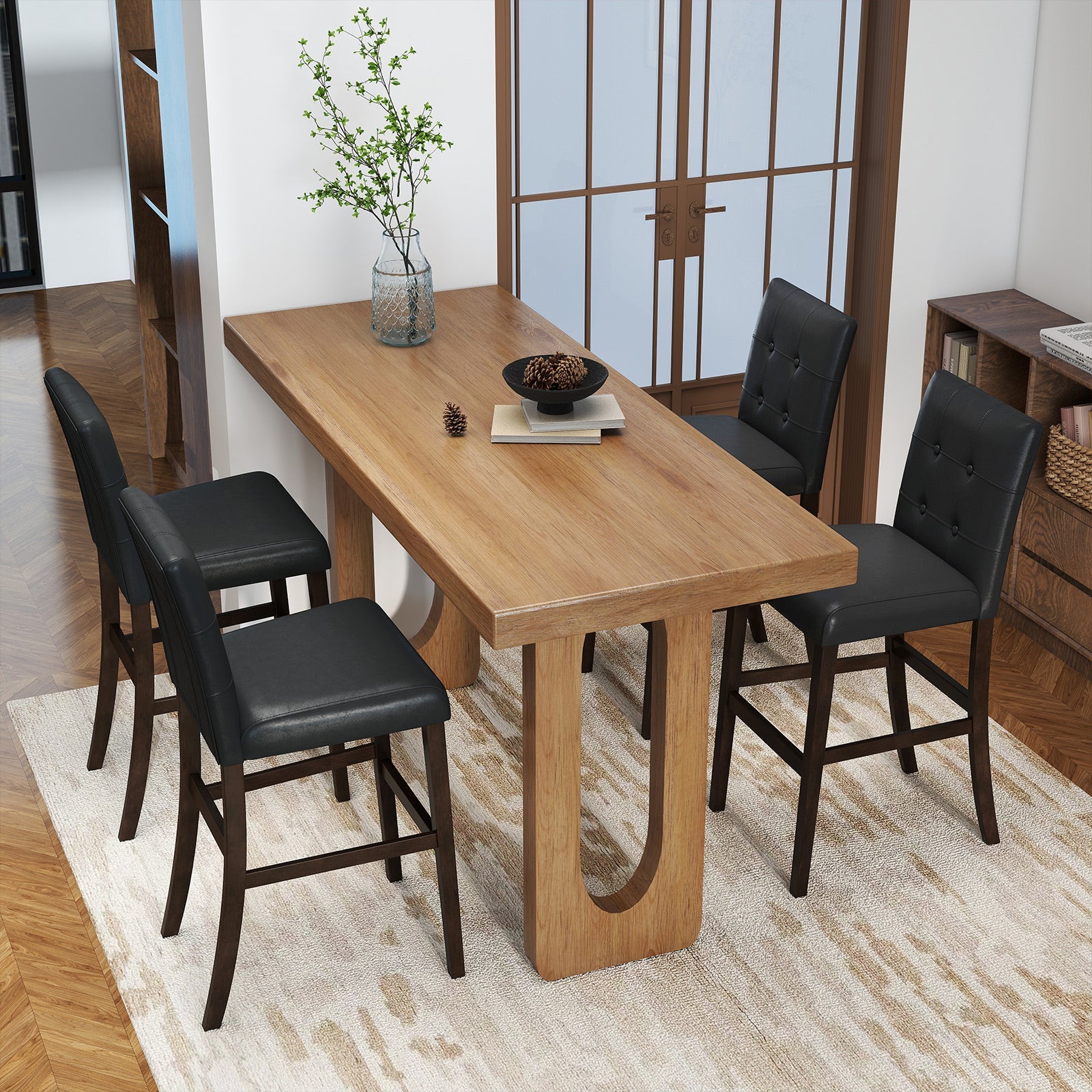 Set of 4 PVC Dining Leather Bar Stools with Solid Wood Legs - Tampa Home & Garden Store