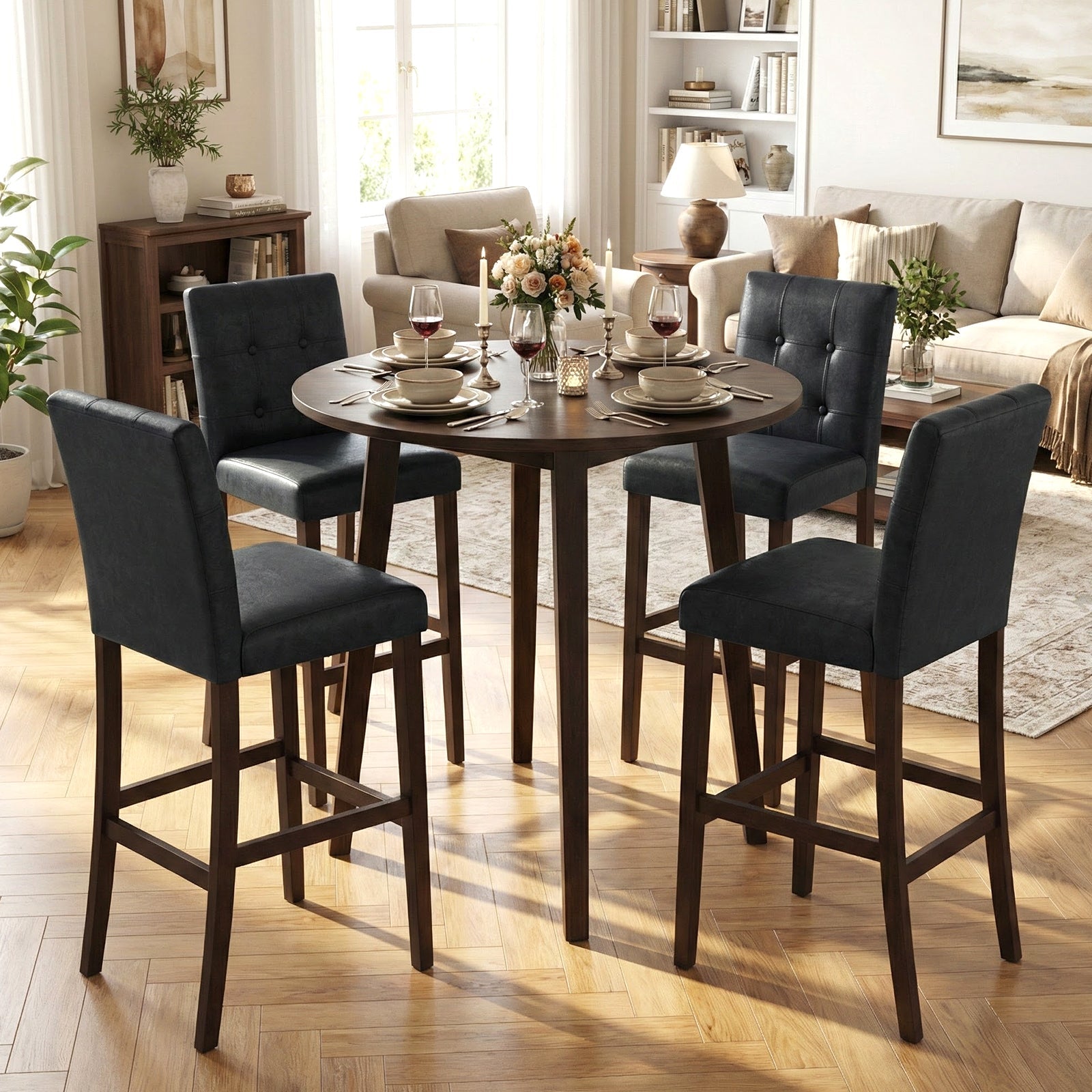 Set of 4 PVC Dining Leather Bar Stools with Solid Wood Legs - Tampa Home & Garden Store