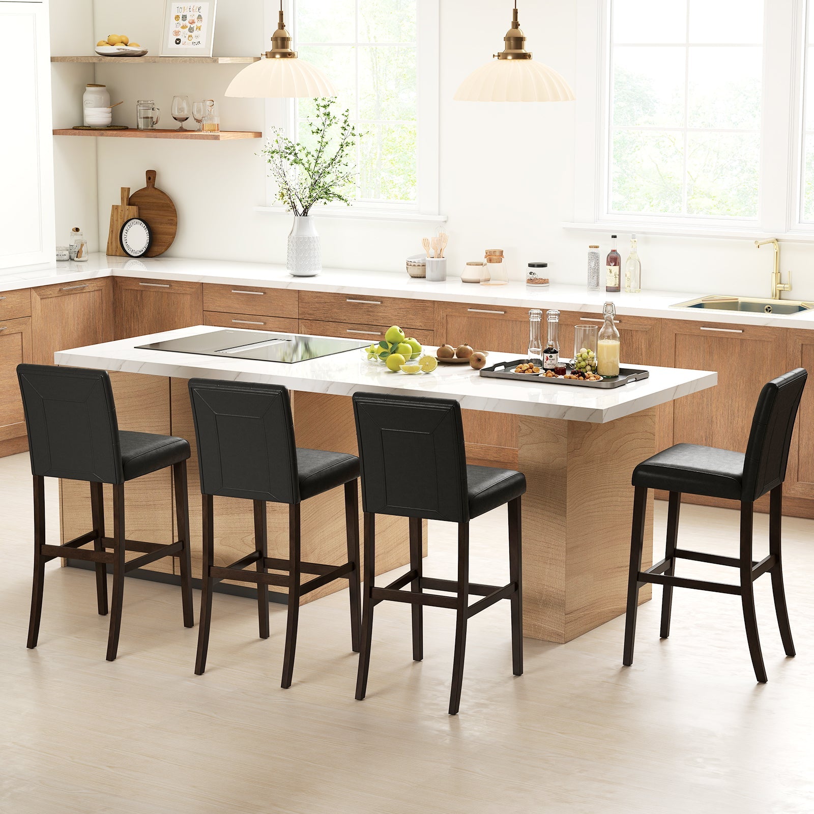 Set of 4 PVC Dining Leather Bar Stools with Solid Wood Legs - Tampa Home & Garden Store