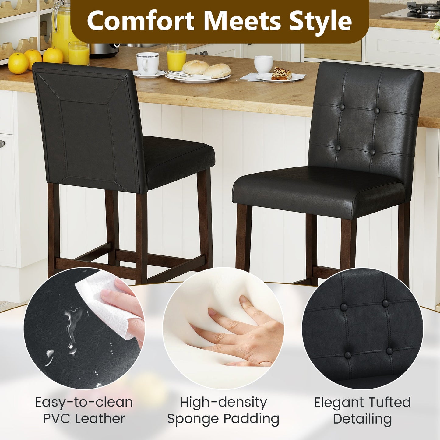 Set of 4 PVC Dining Leather Bar Stools with Solid Wood Legs - Tampa Home & Garden Store