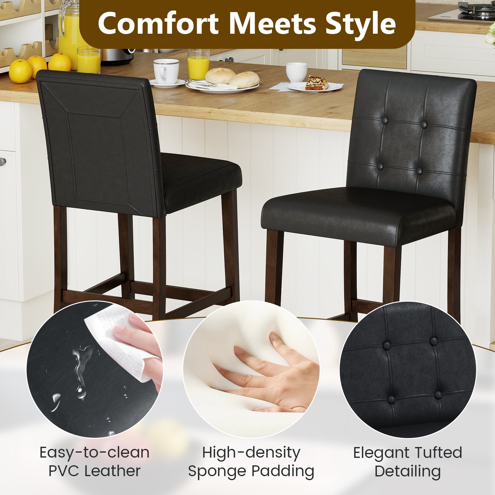 Set of 4 PVC Dining Leather Bar Stools with Solid Wood Legs - Tampa Home & Garden Store