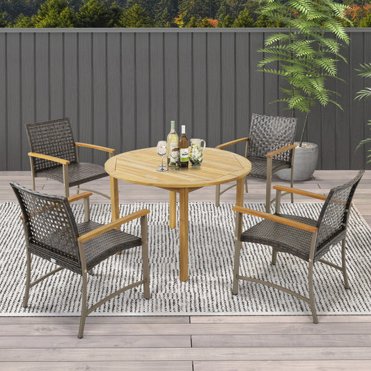 Set of 4 Patio Rattan Dining Chairs with Acacia Wood Armrests-Set of 4 - Tampa Home & Garden Store