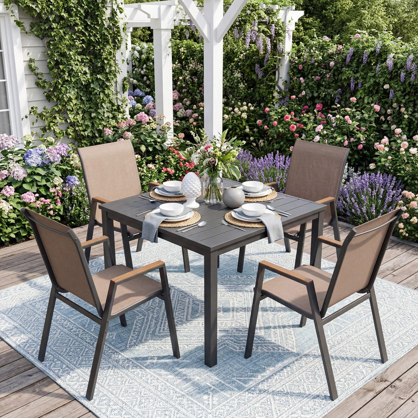 Stackable patio dining chairs DirectDeals set of 4 with high backs, tan fabric seats on Tampa Home & Garden Store
