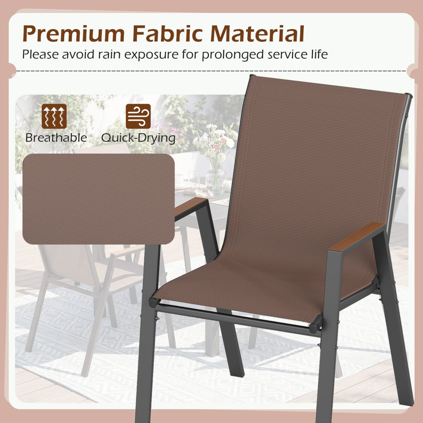Stackable patio dining chairs DirectDeals, set of 4 with high backs in brown mesh fabric on Tampa Home & Garden Store