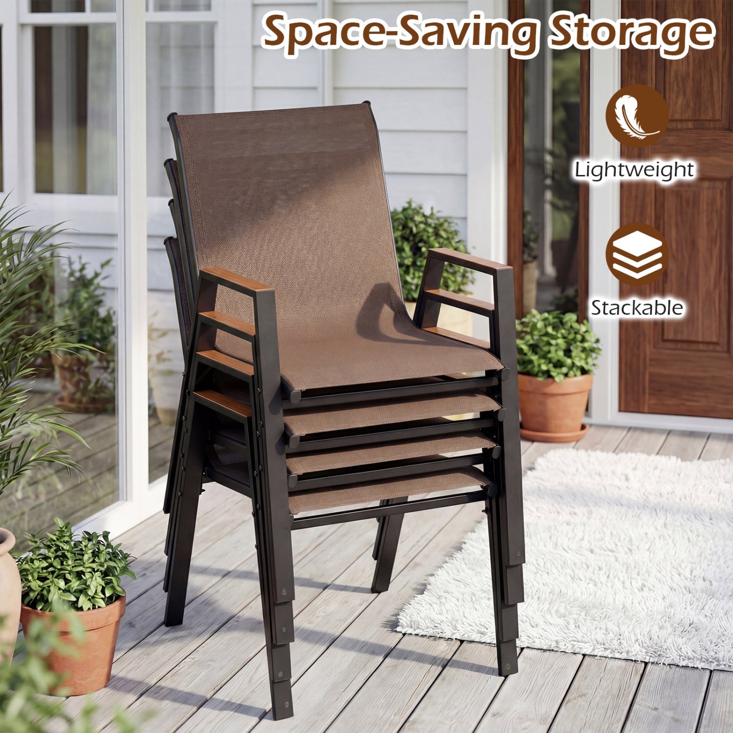 Stackable patio dining chairs set of 4 with high backs in brown fabric and black frames DirectDeals on Tampa Home & Garden Store