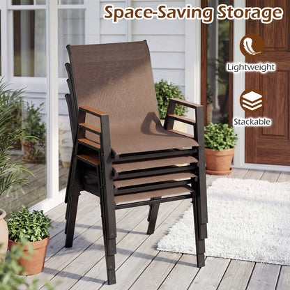 Stackable patio dining chairs set of 4 with high backs in brown fabric and black frames DirectDeals on Tampa Home & Garden Store