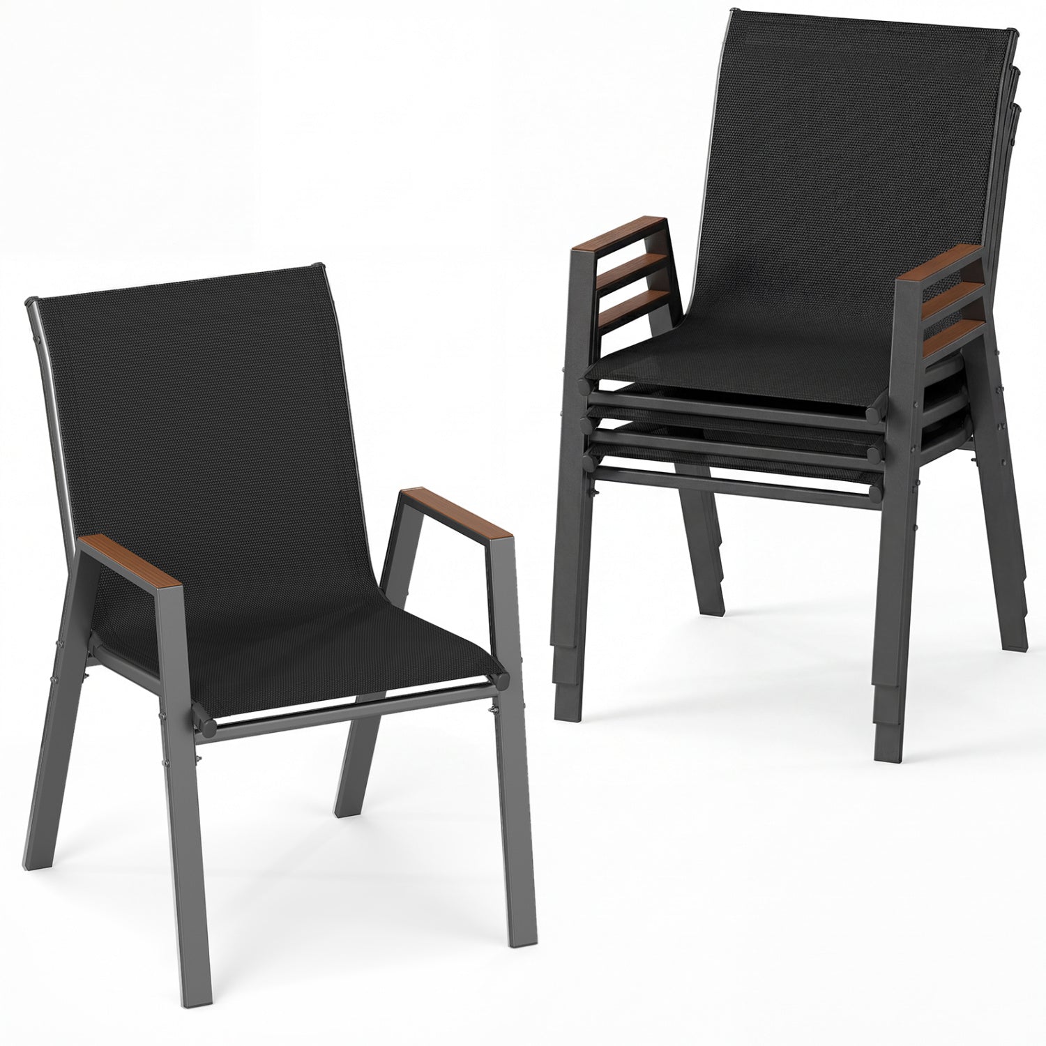 Stackable Patio Dining Chairs Set of 4 by DirectDeals, black mesh seats with gray frames on Tampa Home & Garden Store