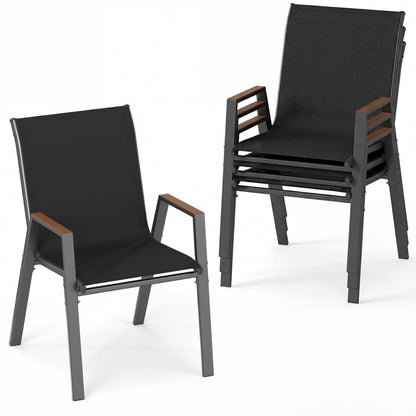 Stackable Patio Dining Chairs Set of 4 by DirectDeals, black mesh seats with gray frames on Tampa Home & Garden Store