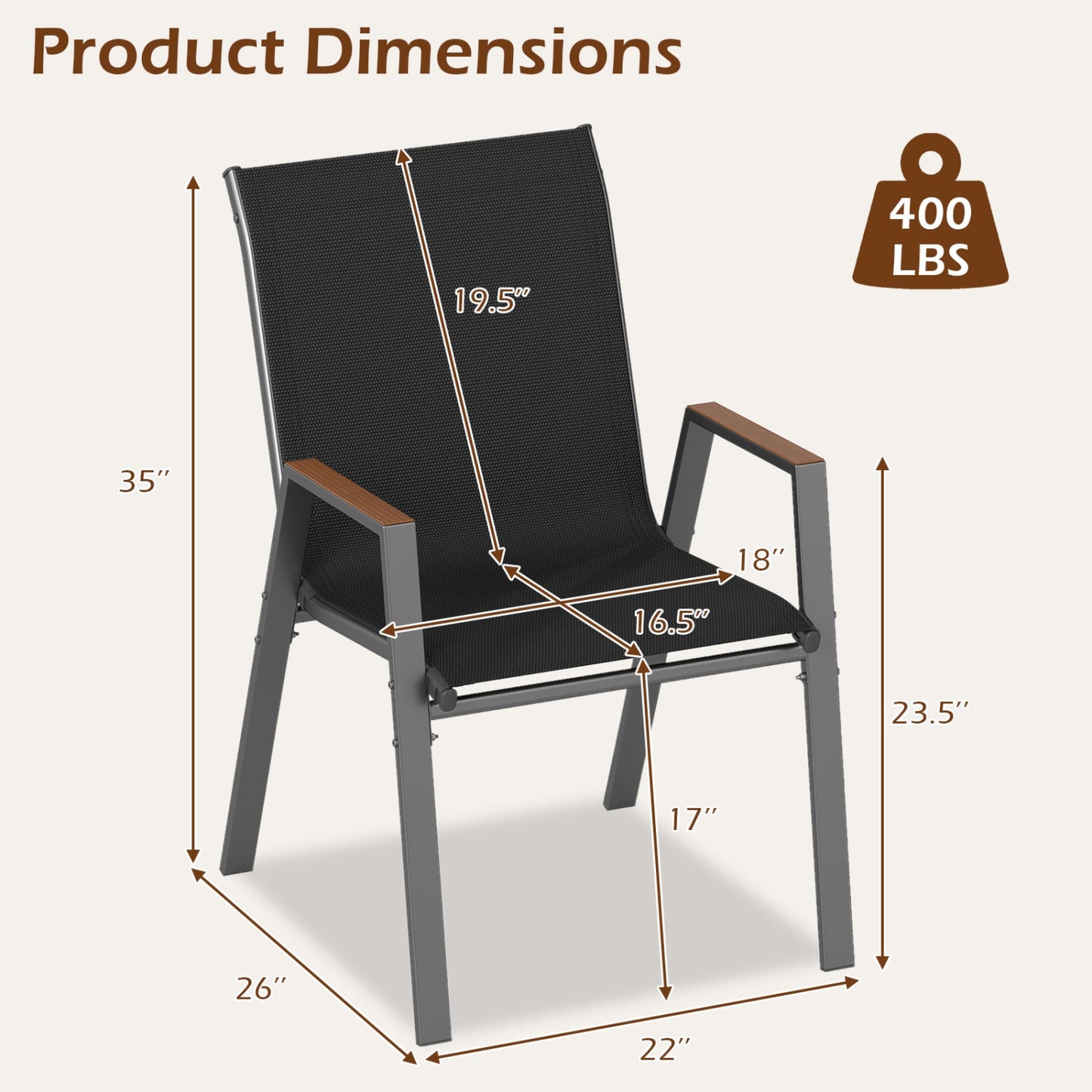 Stackable patio dining chairs set of 4 with high backs, black mesh seat, gray metal frame and wood armrests on Tampa Home & Garden Store