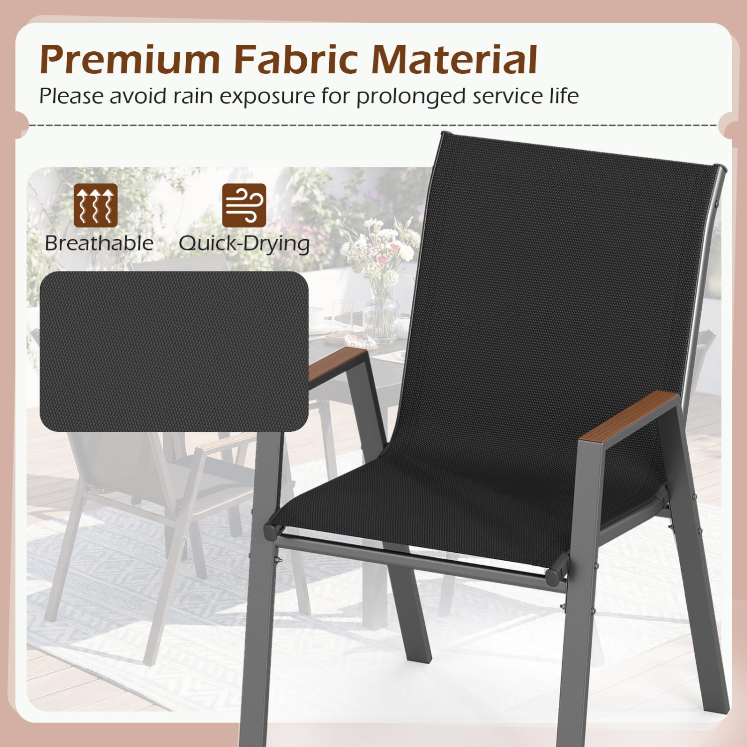 Stackable Patio Dining Chairs Set of 4 DirectDeals, high-back black fabric, metal frame on Tampa Home & Garden Store