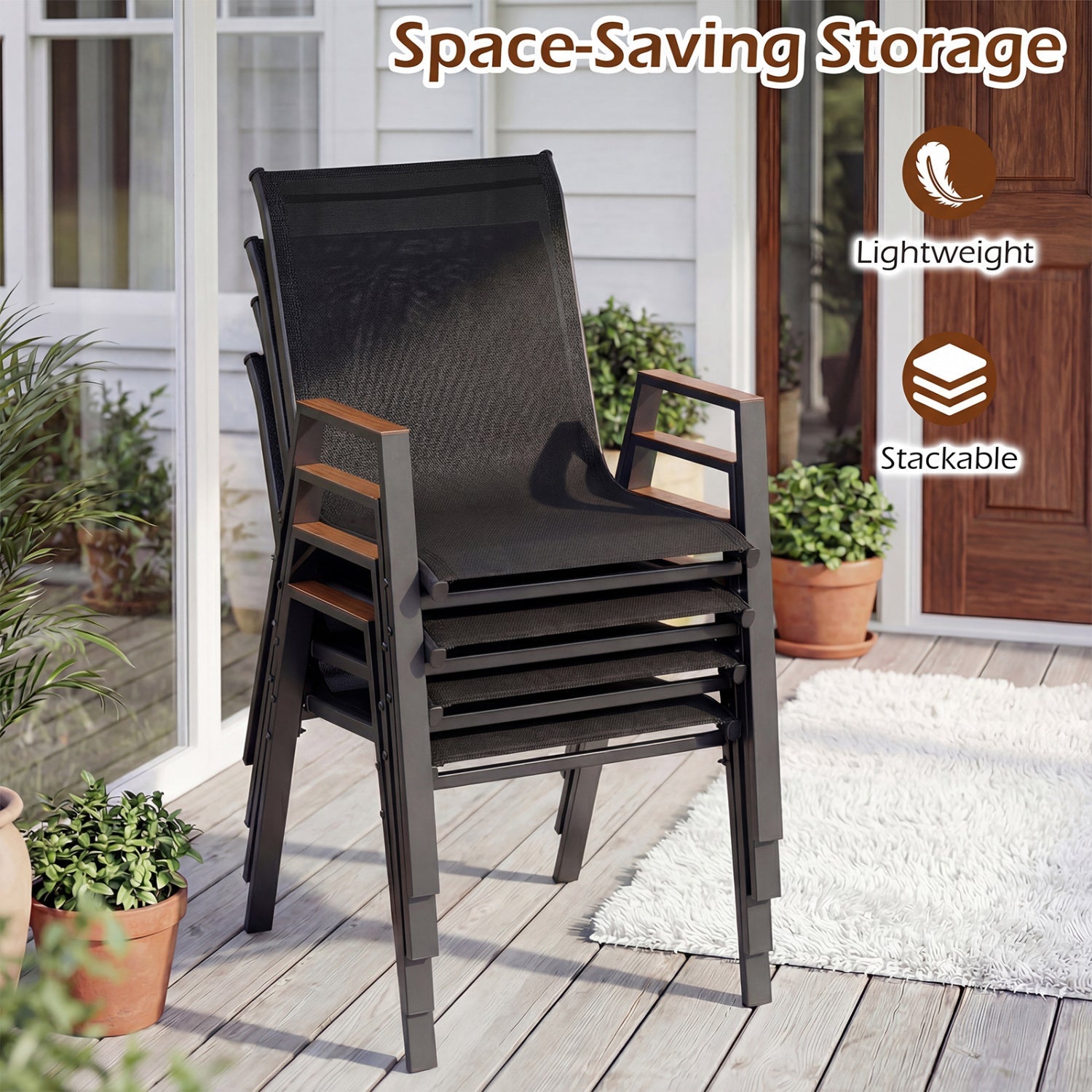 DirectDeals stackable patio dining chairs set of 4 with high backs, black mesh and wood arms on Tampa Home & Garden Store