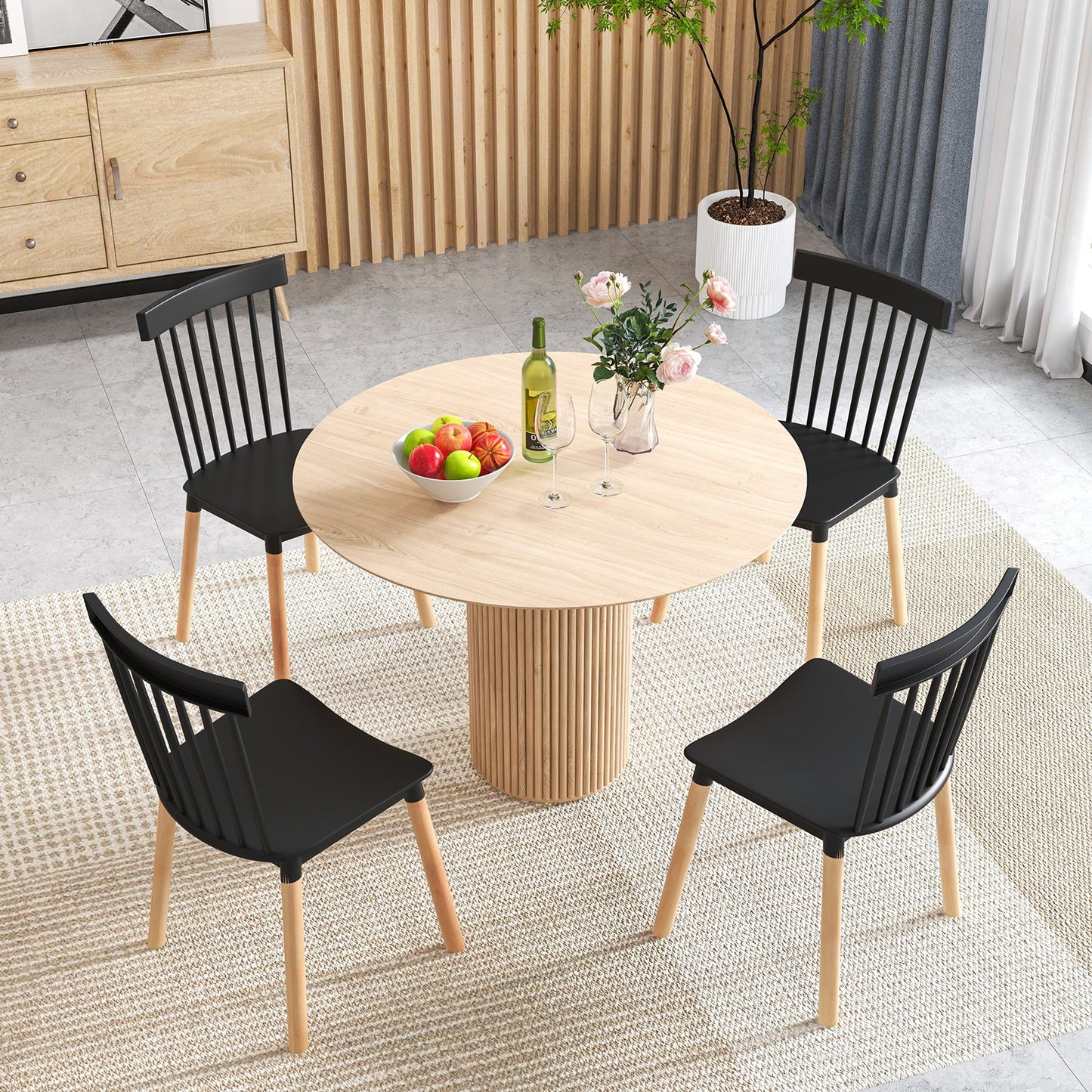 Juego de 4 sillas de comedor Windsor con respaldo de huso y asientos curvos - Negras
