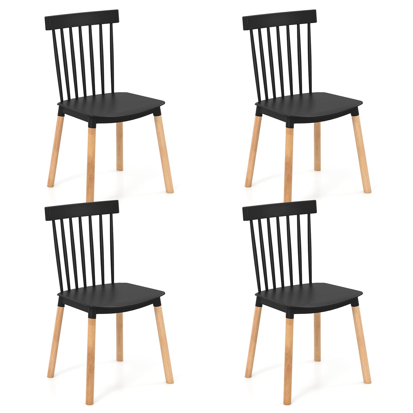Juego de 4 sillas de comedor Windsor con respaldo de huso y asientos curvos - Negras
