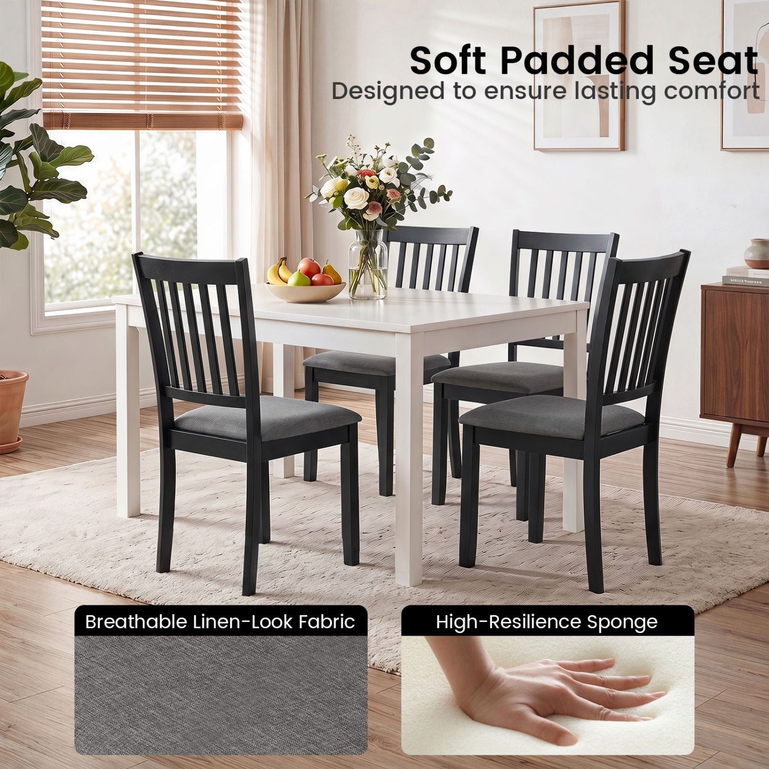 Dining Chairs set of 4 DirectDeals with black rubberwood frames and grey fabric seats on Tampa Home & Garden Store