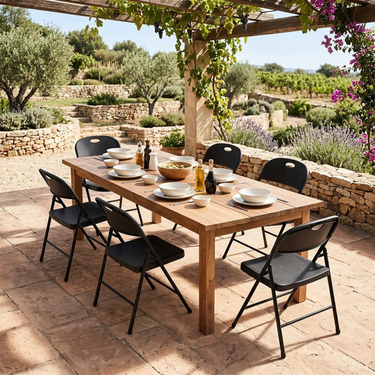 Black foldable plastic dining chairs with backrests, set of 6 around a wooden table on a patio on Tampa Home & Garden Store