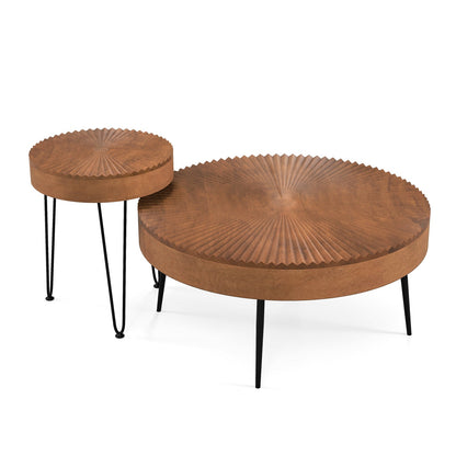2 juegos de mesa de centro de madera con patas de metal y almohadillas ajustables para los pies-Patrón radial
