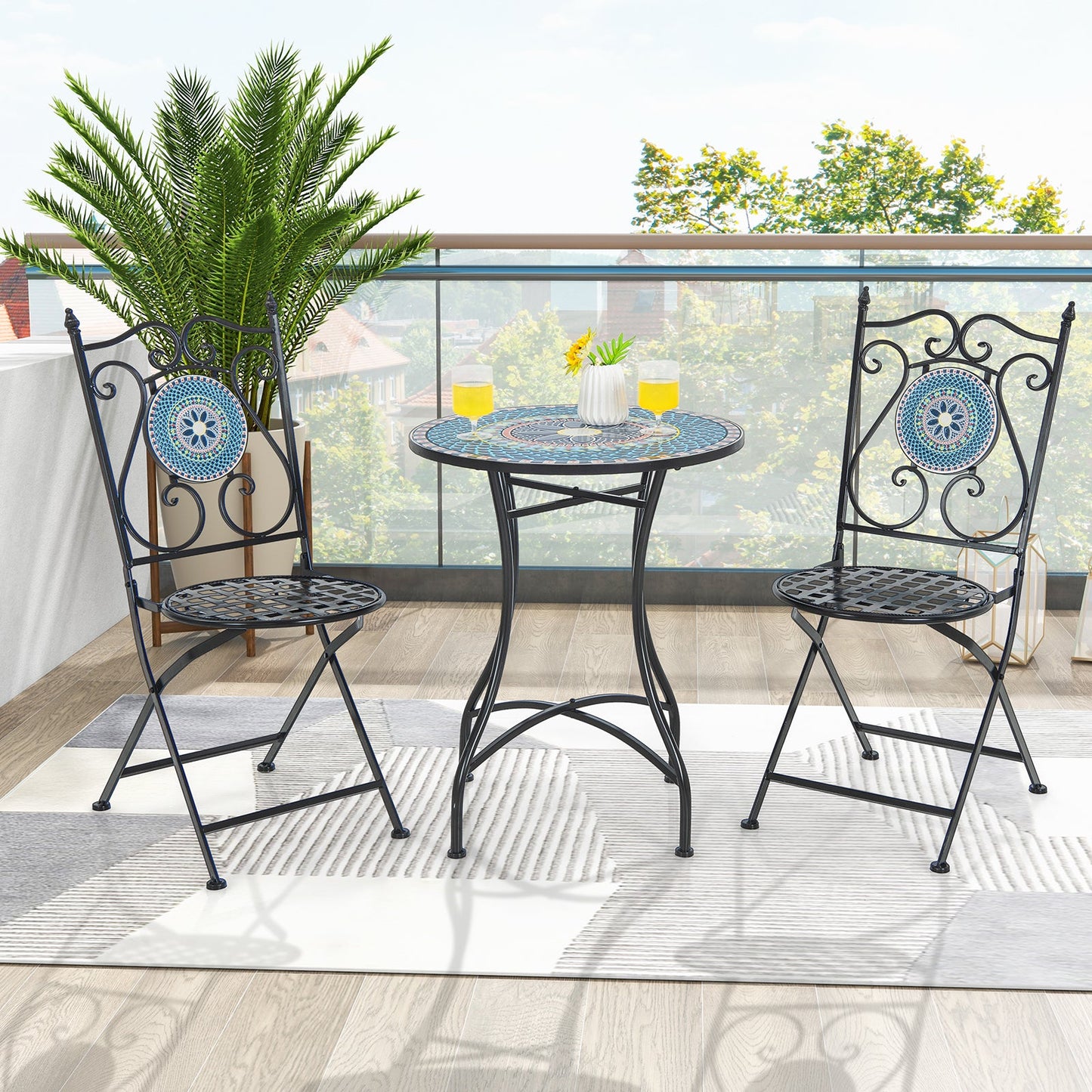 Set of 2 Mosaic Chairs for Patio Metal Folding Chairs-Multicolor