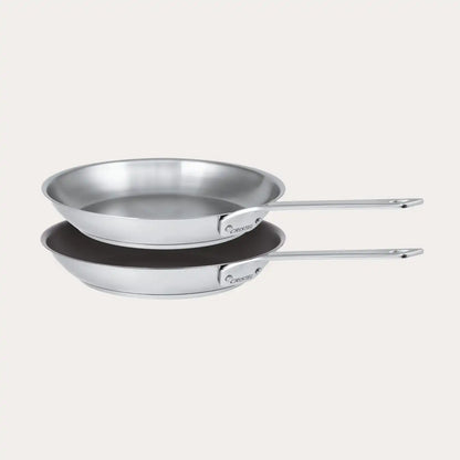 2-piece CRISTEL USA frying pans set with stainless steel bodies and mixed interiors, long handles, shown stacked on Tampa Home & Garden Store