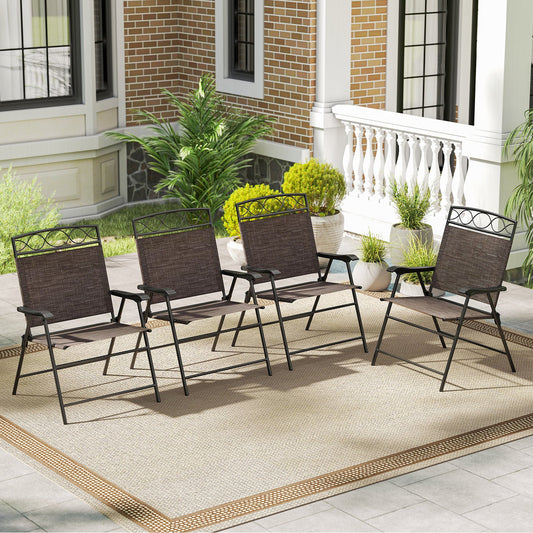 Set of 4 Patio Folding Chairs Set Dining Chairs with Armrests-Brown - Tampa Home & Garden Store
