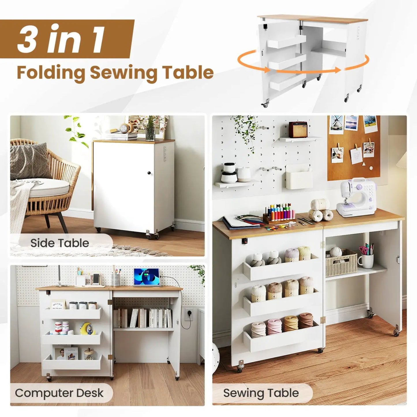 Folding Sewing Table with Charging Station
