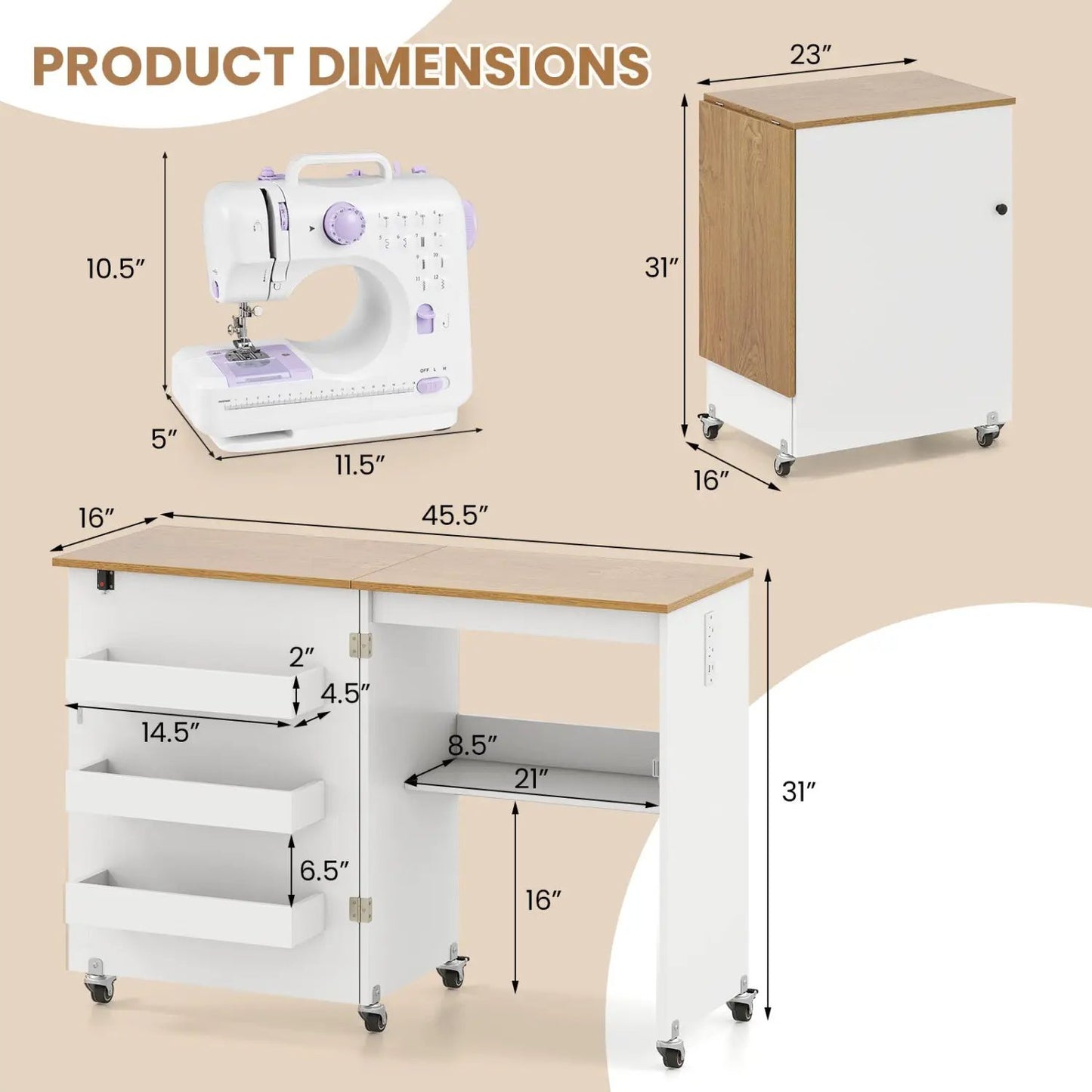 Folding Sewing Table with Charging Station